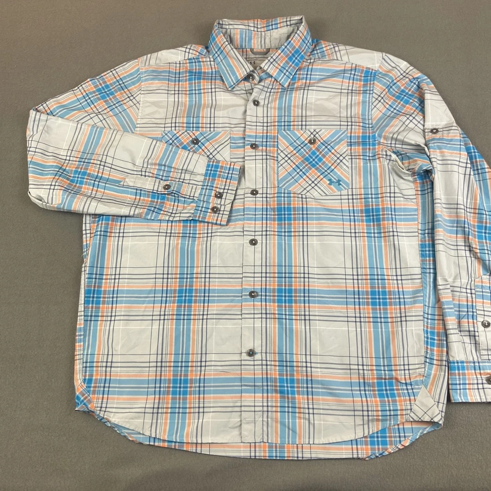 Рубашка мужская большая синяя клетчатая вентилируемая для рыбалки походов кнопка HeatGear - Изображение 2 из 4