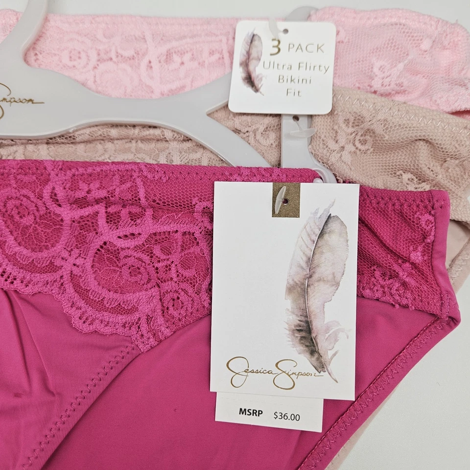 Paquete de 3 bragas de bikini de encaje para mujer JESSICA SIMPSON L XL rosa beige fucsia Foto 4 de 4
