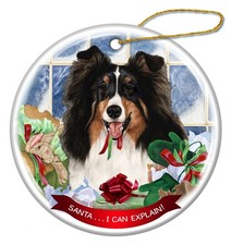 Tri Color Sheltie Dog Porcelain Ornament Pet Gift 'Santa.. I Can Explain '