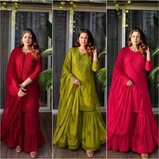 Women's Latest Readymade Rayon Kurti Sharara Set with Heavy Thread Embroidery Wo