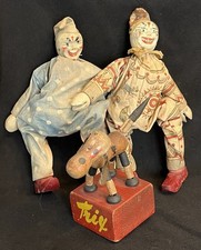 TWO ANTIQUE SCHOENHUT HUMPTY DUMPTY CIRCUS CLOWNS AND TRIX THE DOG EARLY 1900'S