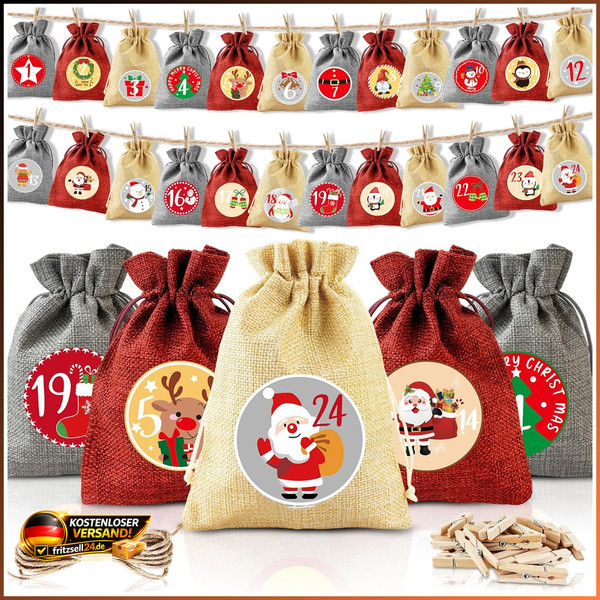 Adventskalender 24 StüCk JutesäCkchen 18X13Cm BefüLlen Weihnachten GeschenktüTen-image