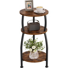 Small Round Side Table 3-Tier End Table with Storage Shelf Brown Night