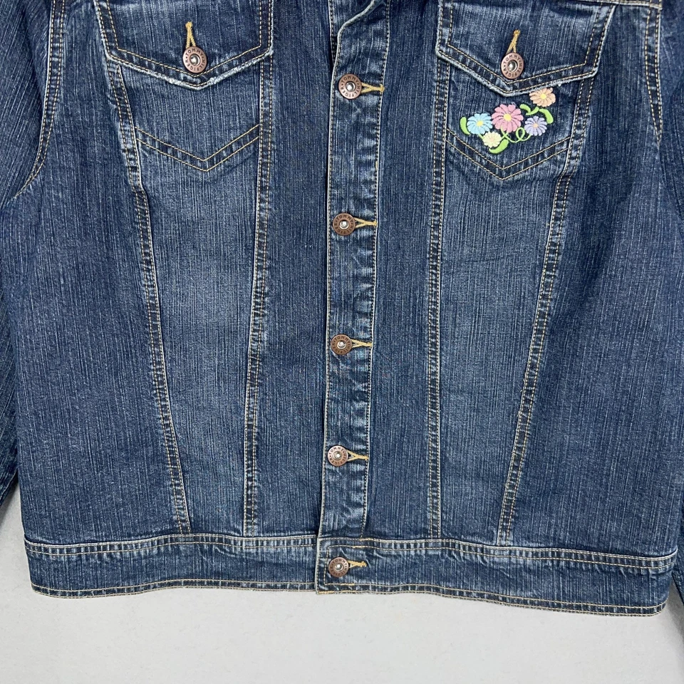Jaqueta jeans feminina Tommy Hilfiger XL azul denim caminhoneiro floral bordada jeans - Imagem 3 de 4