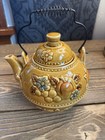 Vintage Japan Mustard Yellow Ceramic Teapot Embossed Fruit Flowers Wire Handle — photo 1
