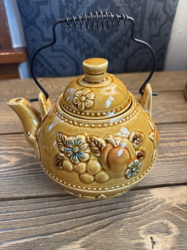 Vintage Japan Mustard Yellow Ceramic Teapot Embossed Fruit Flowers Wire Handle