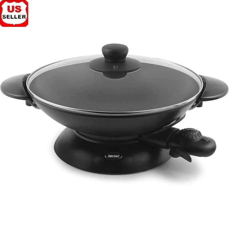 Electric Wok Nonstick W/ Glass Lid Cooking Rack Tempura Steaming Chopsticks New