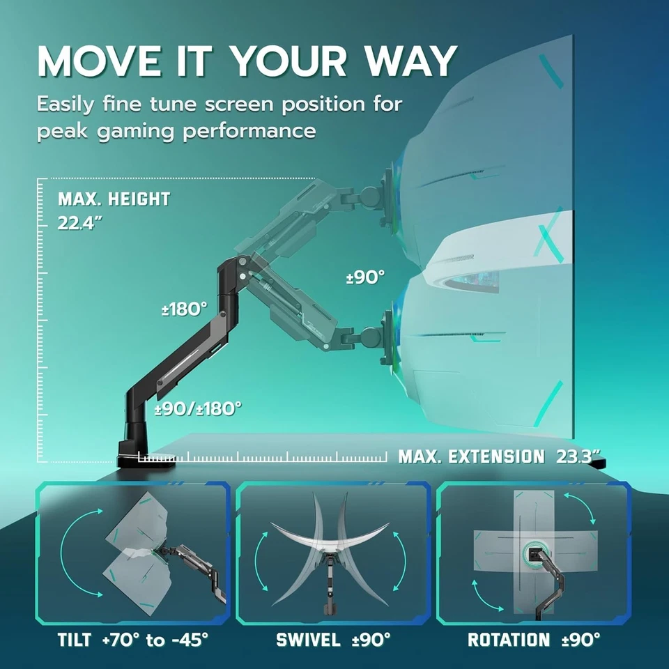 ARES WING Ultrawide Gas Spring Monitor Arm, Heavy Duty Monitor Arm for 24"-57" F - Image 2 of 3