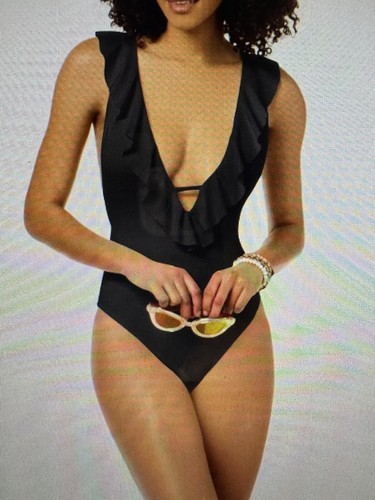 Bar III Black Deep Plunge Ruffle Neck One Piece Maillot Size XL Swimsuit NWT $88 - Picture 2 of 7