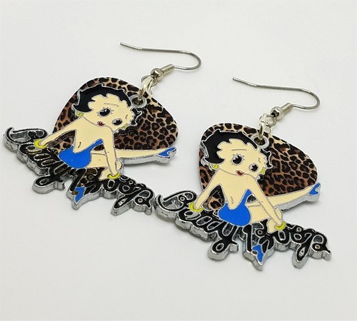 Betty Boop in Blue Charm Guitar Pick Earrings with Surgical Steel Earwires - Picture 3 of 6