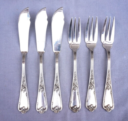 ERCUIS Silverplate Louis XV Style Fish Flatware Forks Knives Set for 3 France