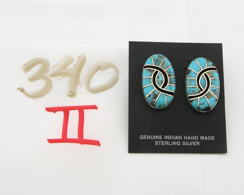 Navajo Earrings 925 Silver Natural Morenci Turquoise Native Artist C.80's - Picture 6 of 6