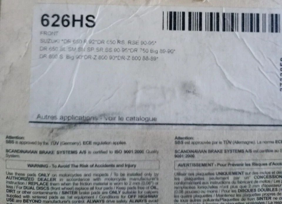 2 plaquettes de frein Avant SBS 626HS pour SUZUKI DR 600/650/750/800 - Photo 3/3