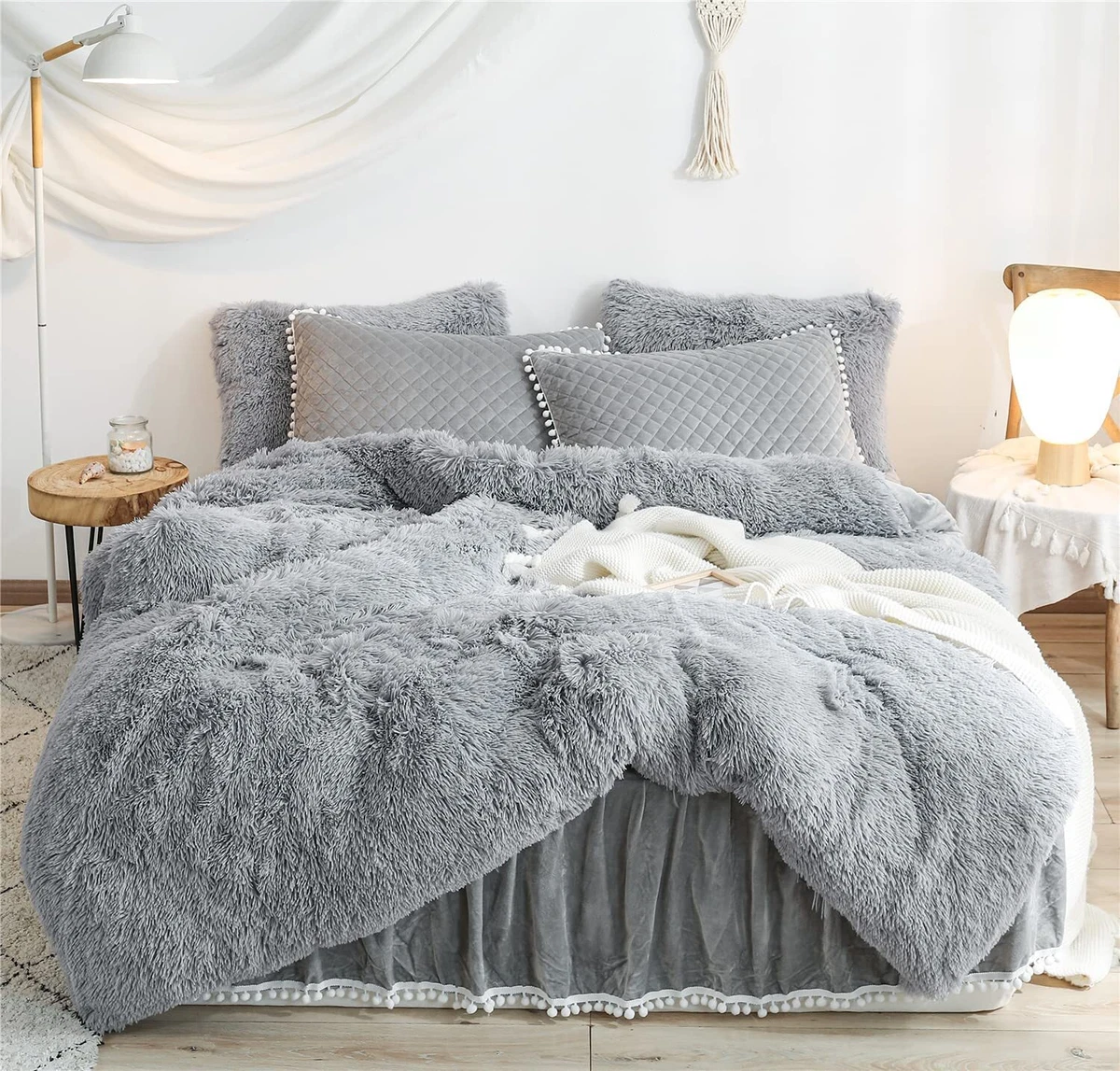 Gray Luxury Fluffy Shaggy Duvet Cover,Cute Faux Fur Comforter Set (1 Faux  Fur Du