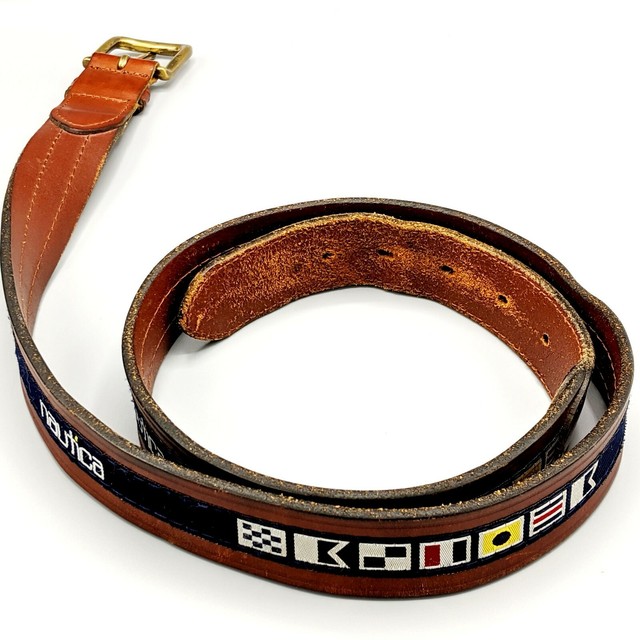 Nautica Mens Leather Belt Sz 42 Sailing Flags Woven Made in Turkey eBay