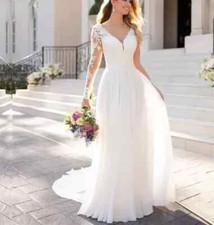 Boho Chiffon A Line Wedding Dresses Appliques Lace V Neck Beach Bridal Gowns