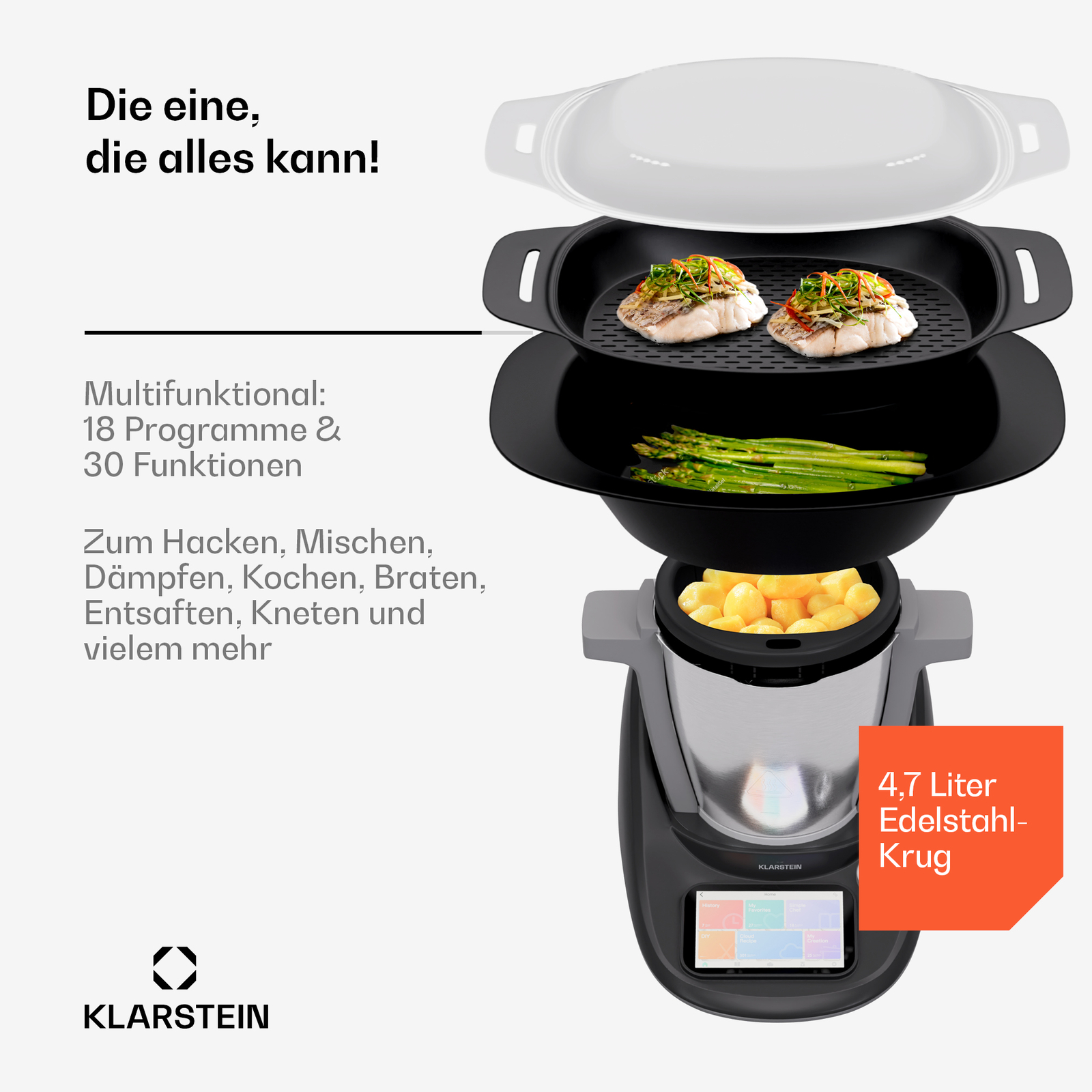 Küchenmaschine 4-n1 mit Waage Multifunktion Dämpfaufsatz 30 Funktionen 4.7 L App