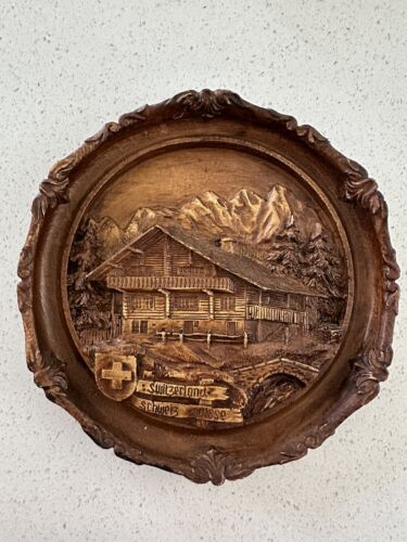 Vintage Carved Wood Look Wall Plaque Switzerland Chalet Alps Cottage - Photo 1/8