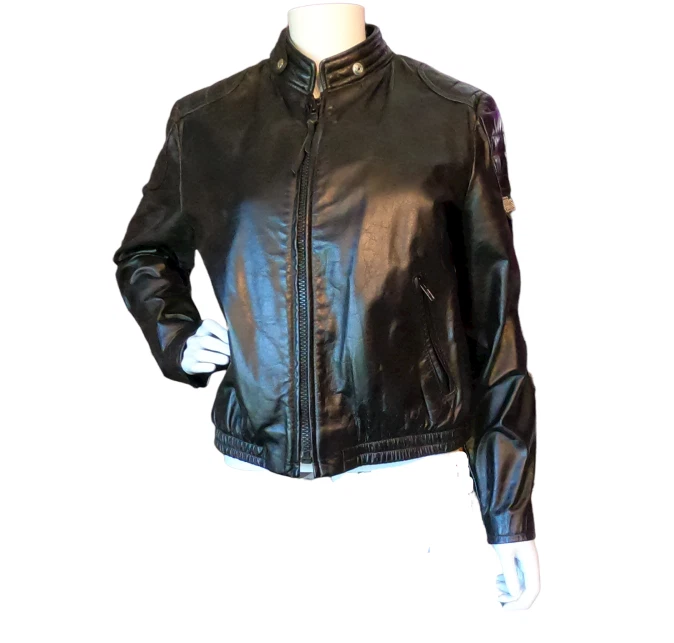 CHAQUETA DE MOTO CAFÉ DE CUERO BROOKS VINTAGE EN NEGRO CLÁSICO TALLA 34