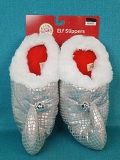 DAN DEE Winter Wonderland Silver Elf Holiday Plush Slippers w/ Bell  Women  s M