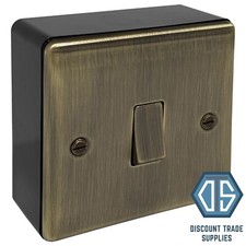 Antique Brass 1 Gang Single Light Switch & 32mm Black Surface Pattress Back Box