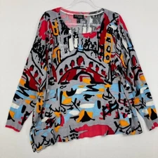 Attitudes by Renee Large Colorful Artsy Asymmetric Hem Stretch Knit Pullover Top