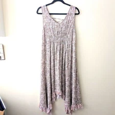 Gigio Smocked Ditsy Floral Midi Dress with Ruffled Hem Boho Sleeveless Size M