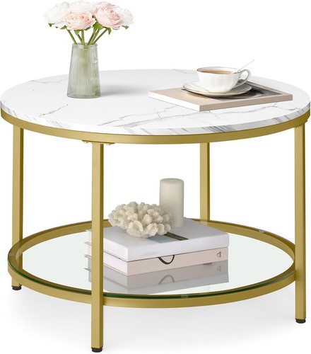 Round Coffee Table, Small Coffee Table with Faux Marble Top and Glass Storage