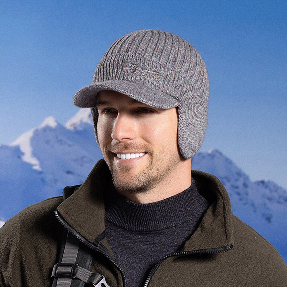 Mens Womens Winter Warm Knitted Visor Beanie Hat with Earflaps Outdoor