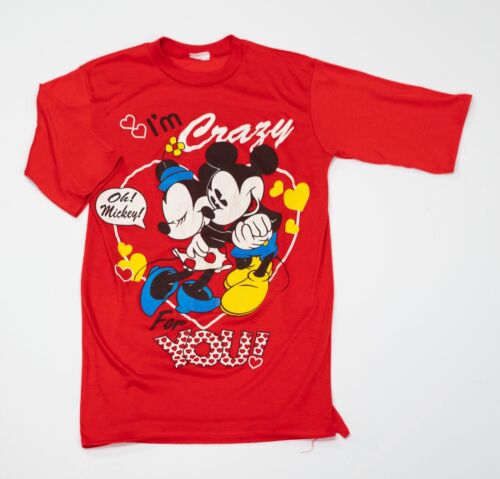 Vintage 80s Mickey Minnie Mouse Love T-Shirt Size S Single Stitch Disney Crazy - Afbeelding 1 van 9