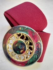 Vtg 80s Elastic Stretchy Cinch Waist Red Belt Enamel Statement Buckle M L Women