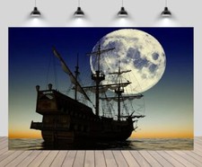 6.5ftx5ft Pirate Ship Backdrop Full Moon Night Pirate Sea Boat Background Pir...