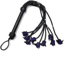Genuine Cowhide Leather Flogger with Red Rose Design Steel Studded Handle