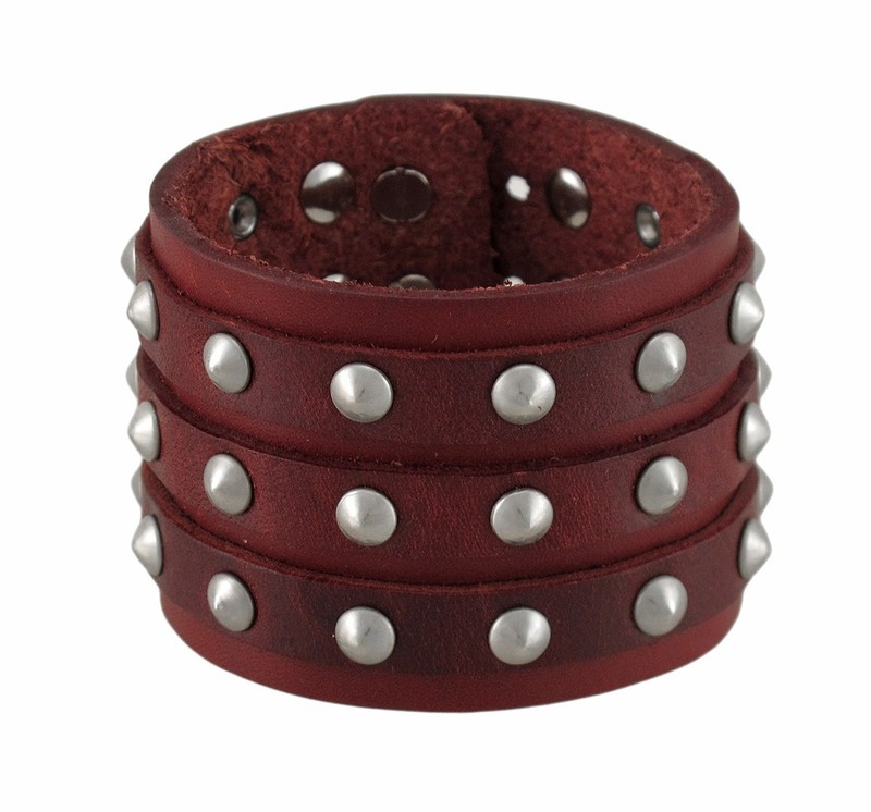 Zeckos Brown Leather 3 Row Cone Spiked Wristband Wrist Band