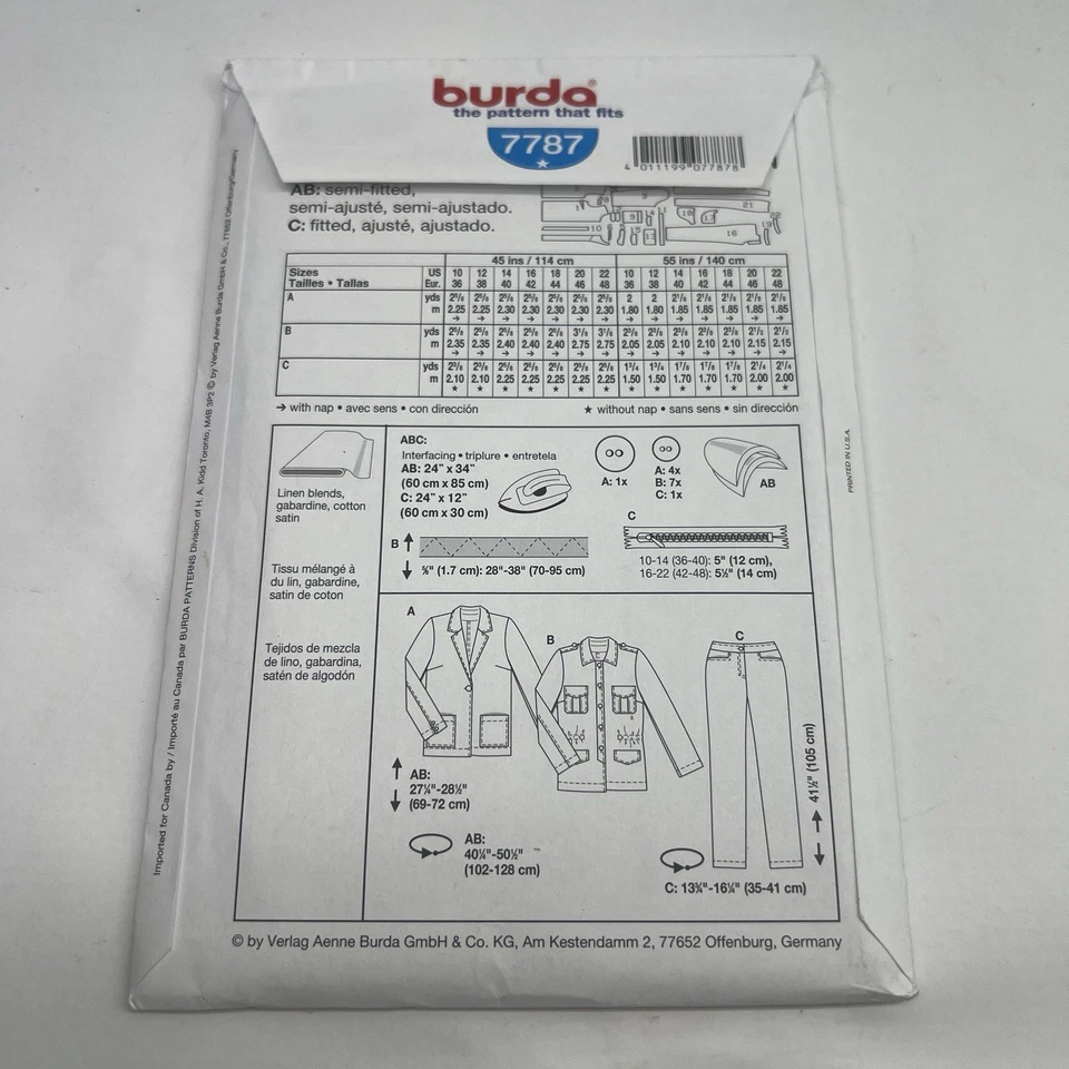 Burda Pattern #7787 Jacket Pants Shirt Pantsuit Womans Size 10 - 22 - Image 2 of 4