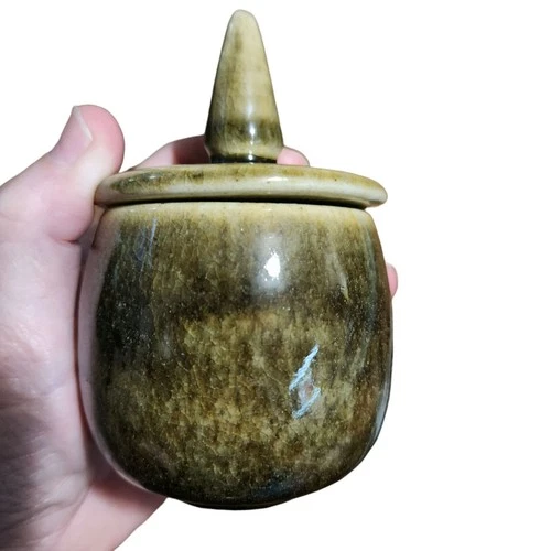 2 Vtg Thai Celadon Stoneware  Signed Hand Made Jars With Lid Dark Olive Green
