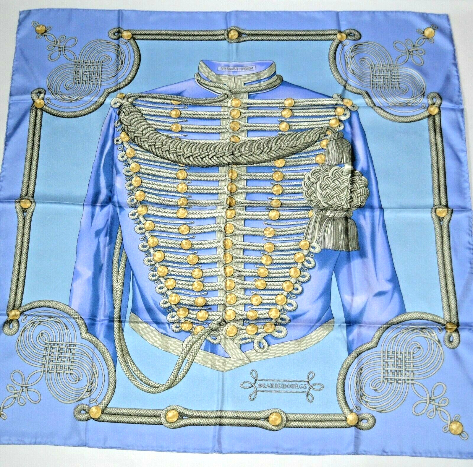 HERMES SILK SCARF BRANDEBOURGS POWDER BLUE 90CMS AUTHENTIC PREOWNED RARE