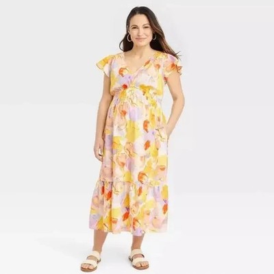 Isabel Maternity Womens Woven Maternity Dress Flutter Sleeve Floral Yellow Small