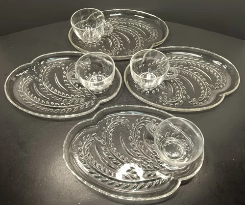 Vintage Federal Glass Hospitality Snack Set with 4 Glass Cups & Plates