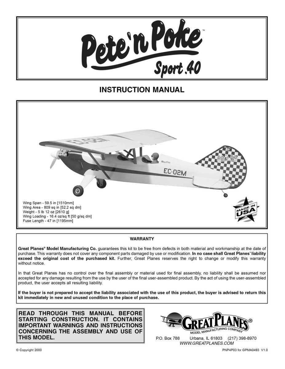 Great Planes Model Airplane Plans (RC): Pete 'n Poke Sport 40 60
