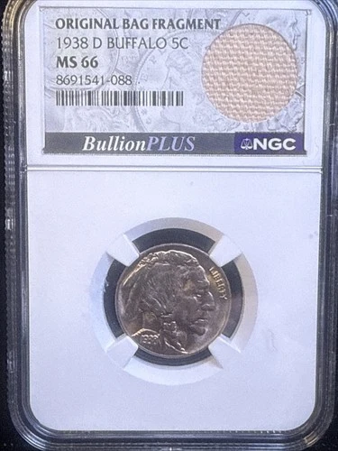 1938-D MS 66 Buffalo Nickel 5c - NGC Original Bag Fragment Label Series