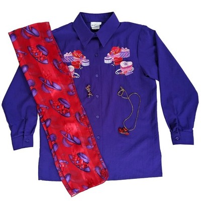Bon Worth Red Hat Society Vintage Lot - Button Up Shirt (XS) + Scarf Pin Pendant