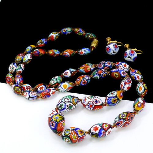 VINTAGE ITALIAN MURANO ART GLASS MILLEFIORI CLIP-ON EARRINGS NECKLACE MORETTI