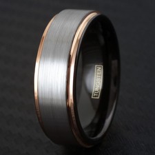Tungsten Brushed Silver Stripe Gold Plated Gold Black Inside Wedding Band Ring