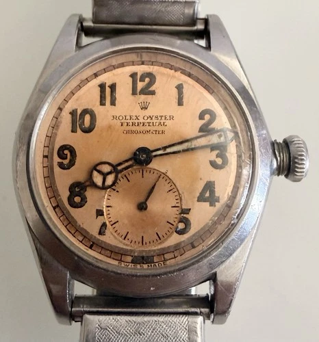 Vintage 1940s Salmon Rolex Oyster Perpetual Chronometer w/ Sub Dial Wrist Watch