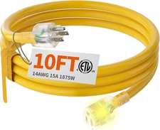 10 Ft 14/3 Gauge Heavy Duty Outdoor Extension Cord Waterproof with Lighted, Flex