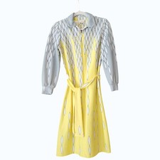 Vintage 70s/80s Leslie Fay Geometric Abstract Dress M Long Sleeve Belt Yellow
