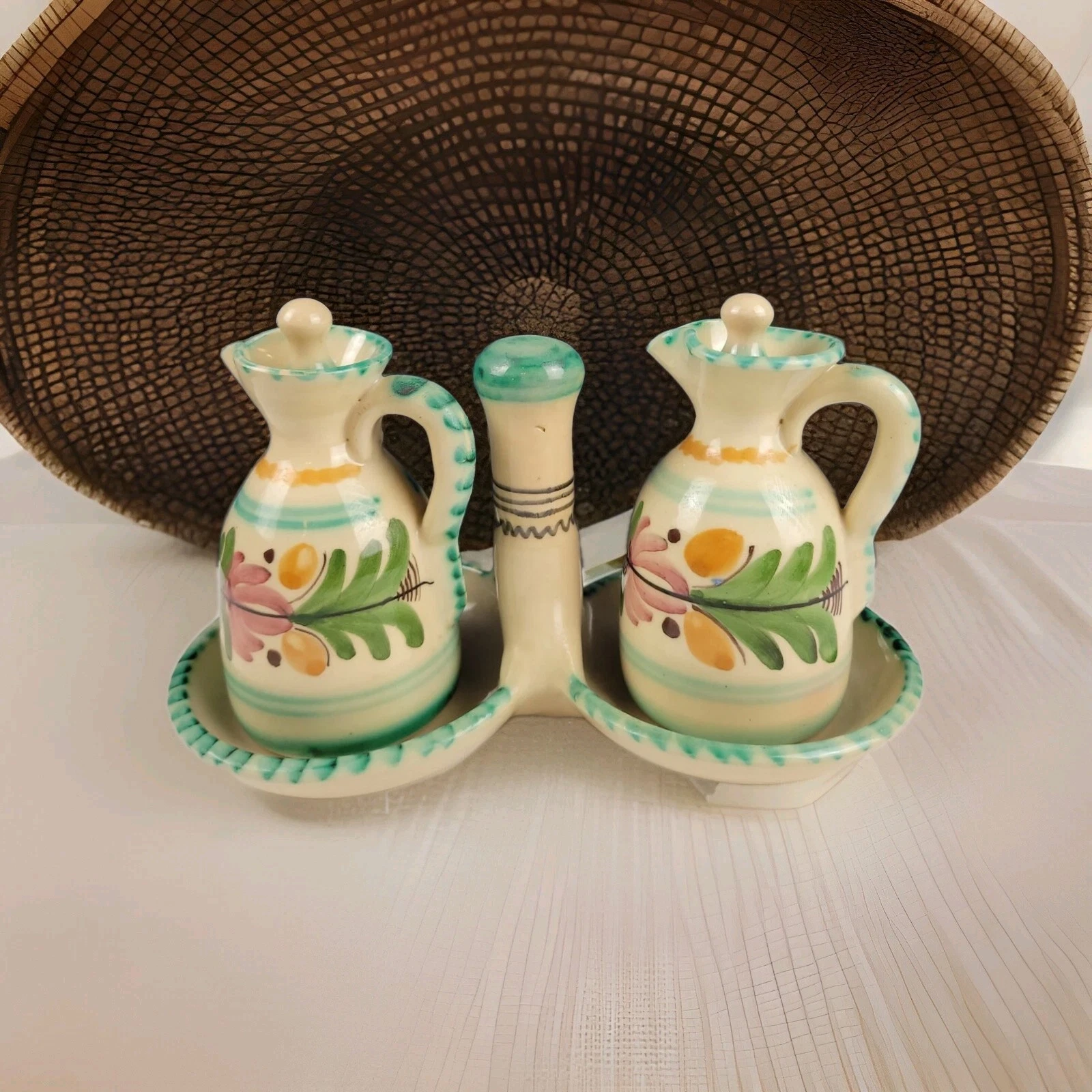 Oil and Vinegar Ceramic Containers with Tops and Carring Caddy - Italian Style