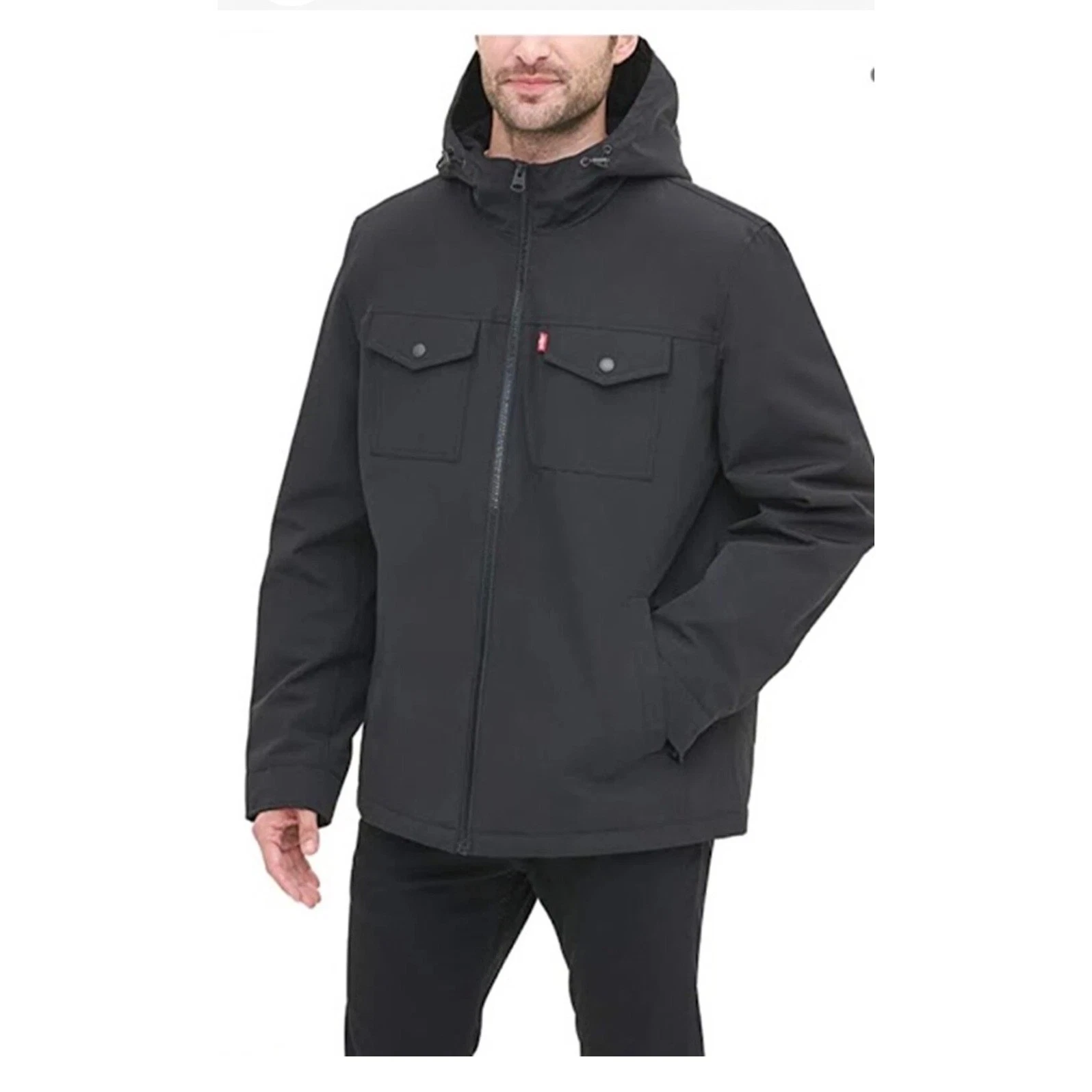 Levis Softshell Hooded Jacket Men S Black Sherpa Lined Water Resistant Tactical