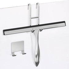 Shower Door Squeegee with Adhesive Hanging Hooks, 12" Silicone Blade -